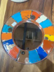 Fassdeckel als Spiegel- Mosaik, 60 cm Durchmesser, Objekt aus einem upcycled Ölfass. Stahlblech 