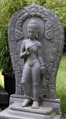 Buddha-Figur, stehend, Relief, Steinguss, 100 cm H 