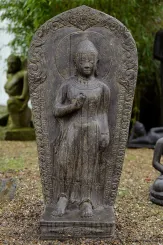 Buddha-Figur, stehend, Relief, Steinguss, 130 cm H 