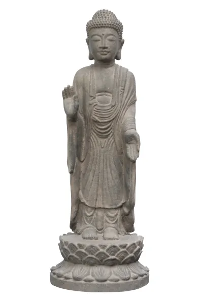 Stehender Buddha, Indien, Formstein / geschnitzt, handgefertigt & farbig. Die Höhe beträgt 60 cm. Gefärbt in der Farbe antik finish 