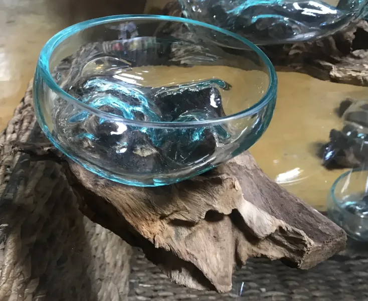 Driftwood with wide glass as plant pot 