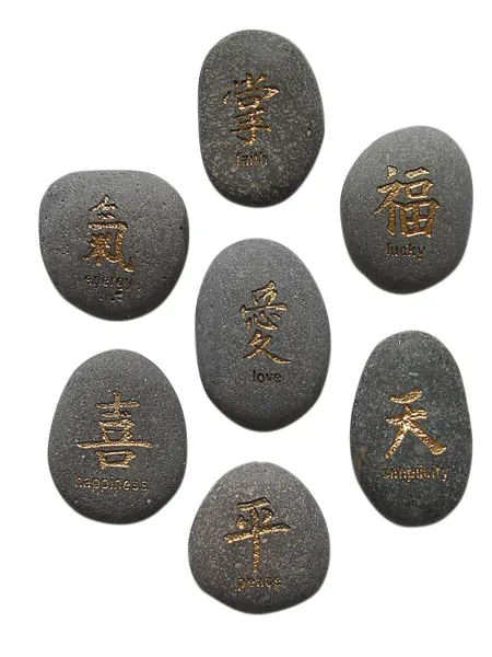 Luckystone - Chinese sign, gray / gold, German text, Set of 7 | 