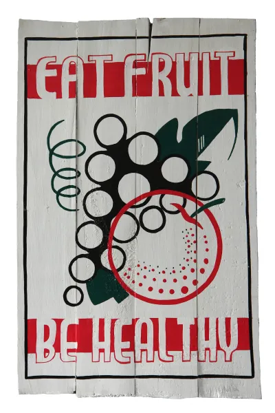 Handbemaltes Schild „Eat Fruit be Healthy“, 60 x 40 cm 