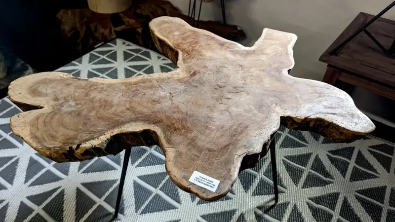 Einzigartiger Beistelltisch mit Metallbeinen, die Platte ist aus einem Stück Teakwurzel gefertigt. Größe etwa 60cm Länge und Breite, 5,5cm Dicke, Höhe ist 45cm 