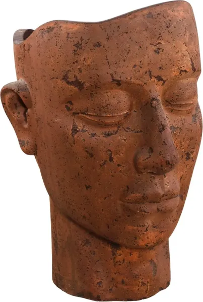 Charakterkopf als Pflanzgefäß, Terracotta. Farbe Rust. 76 cm hoch. 