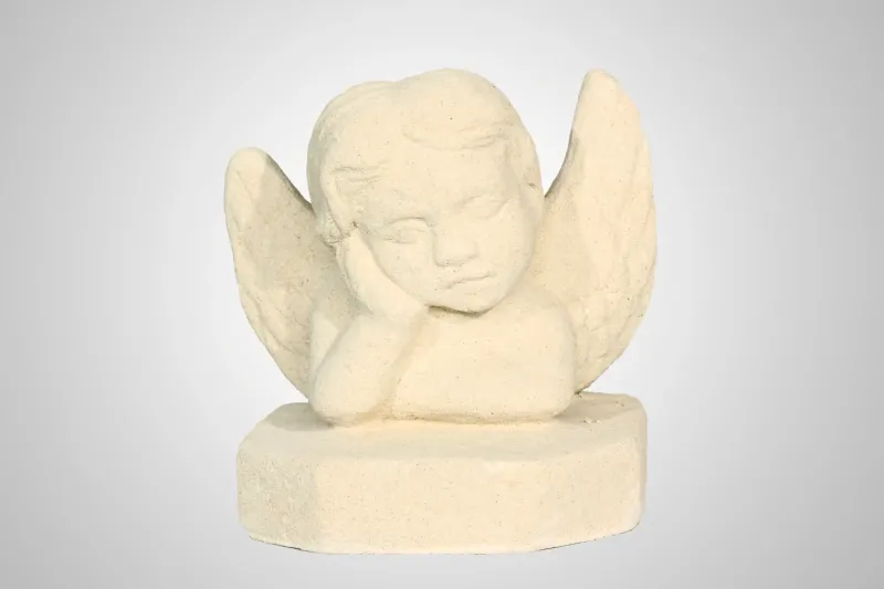 SALE - Engel aufgestützt mit Platte ca. 17x19x20 cm, Steinguss - Handveredelt 