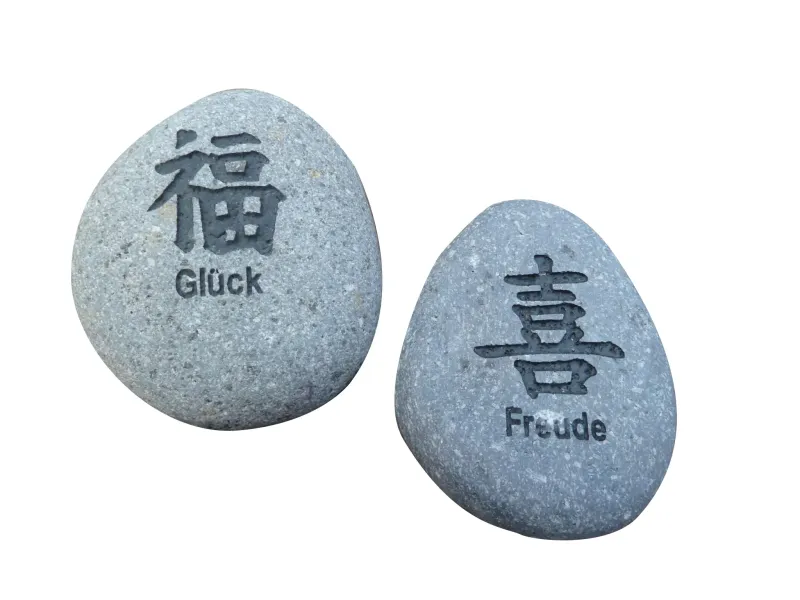 Glücksstein - 7er-Set Chinesisches Zeichen, grau/schwarz, französischer Text |Natur 