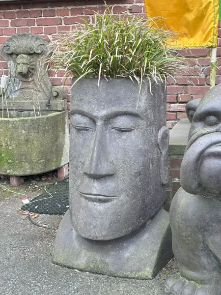 Abstract head as planter. 100 cm height, cast stone, handcrafted & coloured 