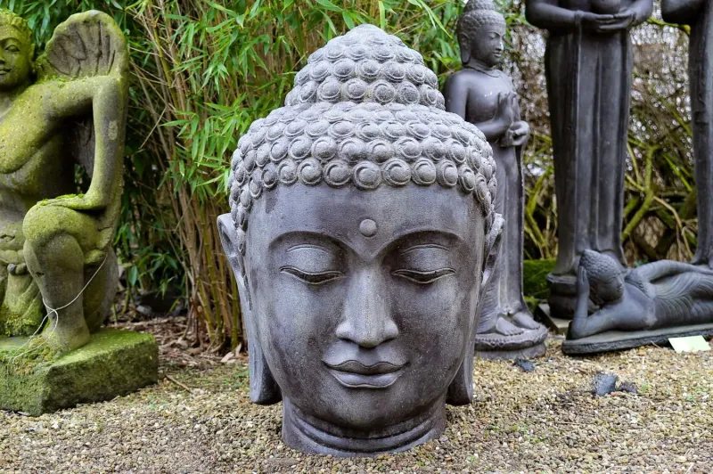 Buddha head, 50 cm height, cast stone, hollow, handcrafted & coloured 