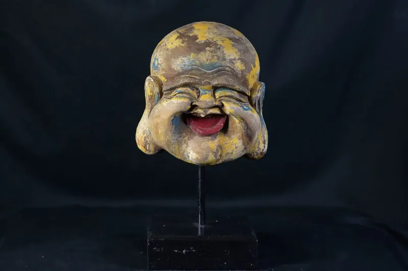 Lachender Buddha-Kopf aus Holz, 30 cm 