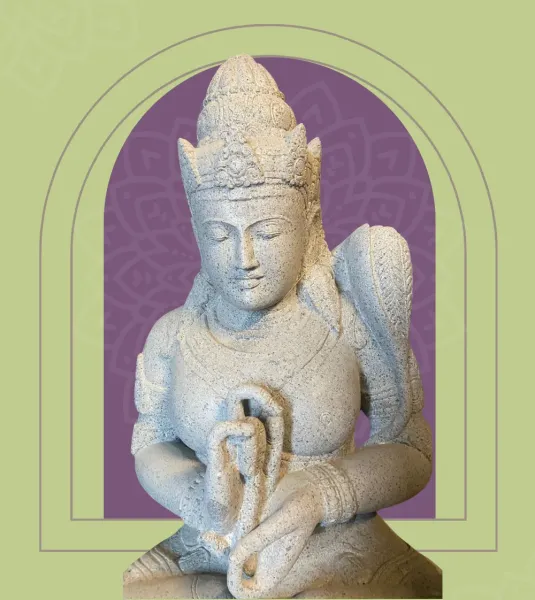 Sitzende Dewi Sri, Position Chakra, die das Rad dreht, 76cm hoch, flusssteingrau, Modell mit Sativa 