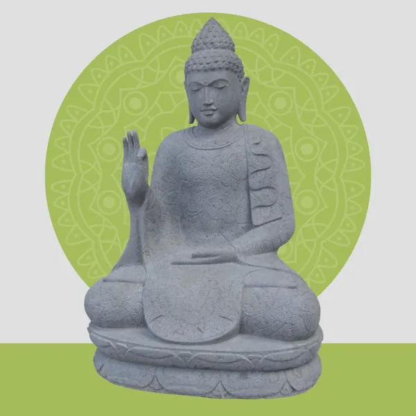 Sitzender Buddha mit floraler Schnitzerei - Abhaya-Stellung. Etwa 68cm Länge, 42cm Breite, 100cm Höhe. Naturstein (Flussstein), Steinmetzarbeiten 