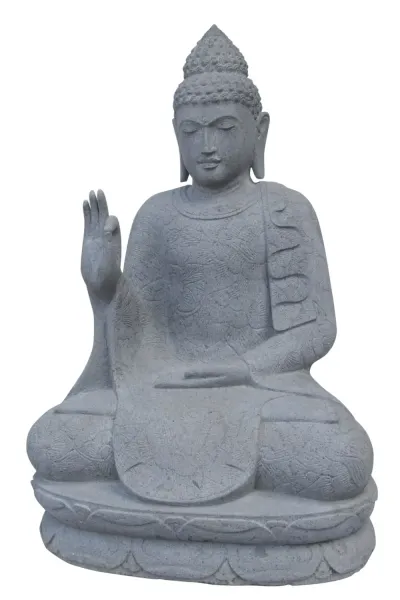 Sitzender Buddha mit floraler Schnitzerei - Abhaya-Stellung. Etwa 100cm Höhe. Naturstein (Flussstein), Steinmetzarbeiten 
